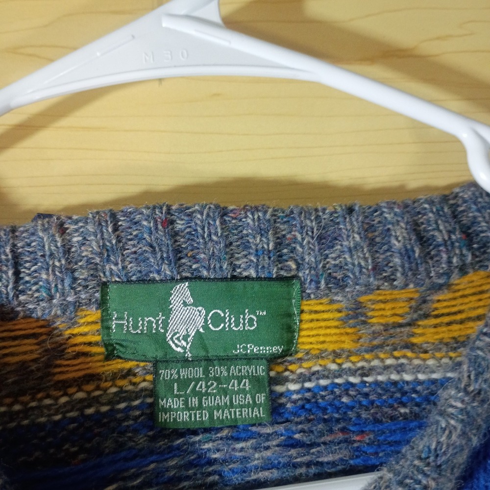 Hunt Club Sweater Men L 42-44 Blue Yellow Wool Blend Geometric Vintage Crewneck - Picture 2 of 11